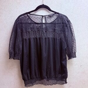 Ambiance 3x Plus Black Polka Dot Lace Sheer Puff‎ Sleeve Smocked Romantic Top